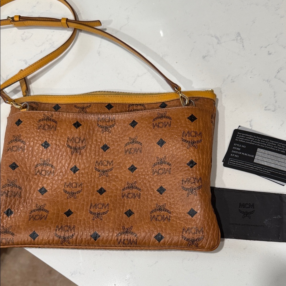 MCM Tan Leather Shoulder Bag with Black Logo
